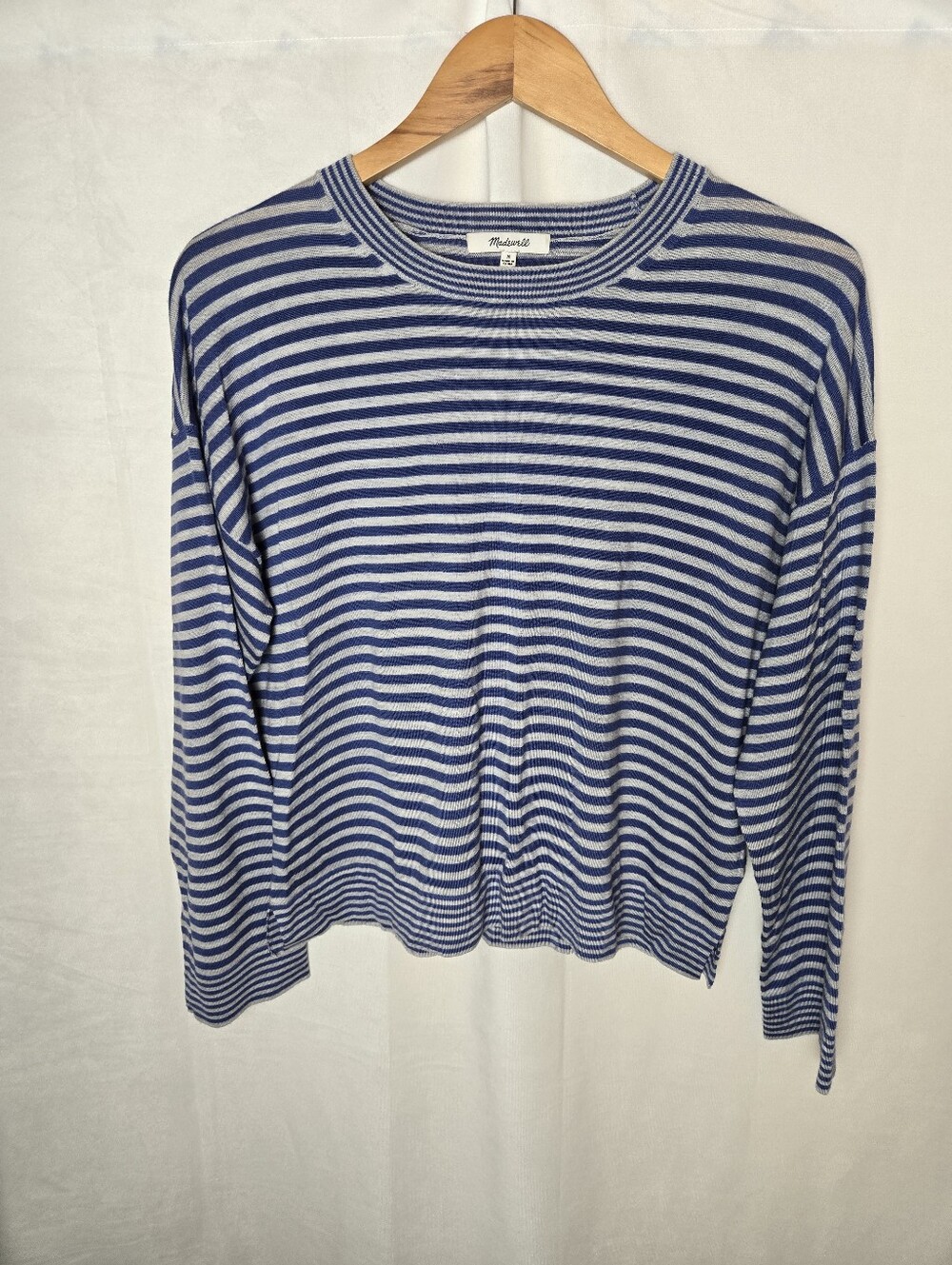 Madewell Merino Wool Silk Blue Grey Stripe Crewneck Relaxed Boxy Sweater Medium